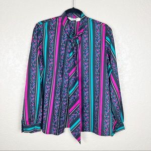 Vintage multi colored striped bow front button down blouse